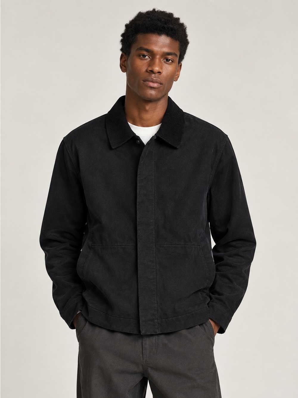 COS Men's Collared Cotton Black Jersey Button Down Utility Jacket 90s Minimalist